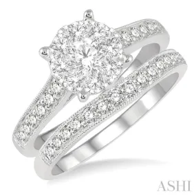 1 Ctw Diamond Wedding Set with 3/4 Ctw Lovebright Round Cut Engagement Ring and 1/4 Ctw Wedding Band in 14K White Gold