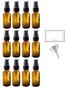 1 oz Amber Glass Boston Round Treatment Pump Bottle (12 Pack)   Funnel and Labels for Essential Oils, Aromatherapy, Food Grade, bpa Free