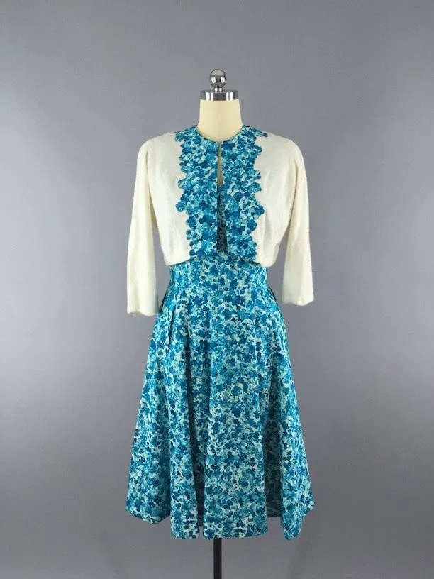 1950s Vintage Blue Floral Print Day Dress and Sweater Set