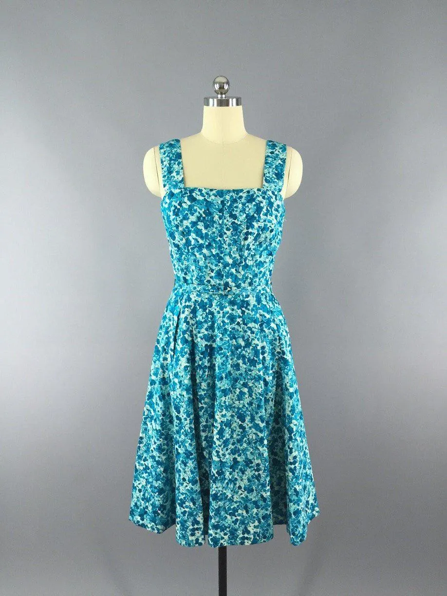 1950s Vintage Blue Floral Print Day Dress and Sweater Set