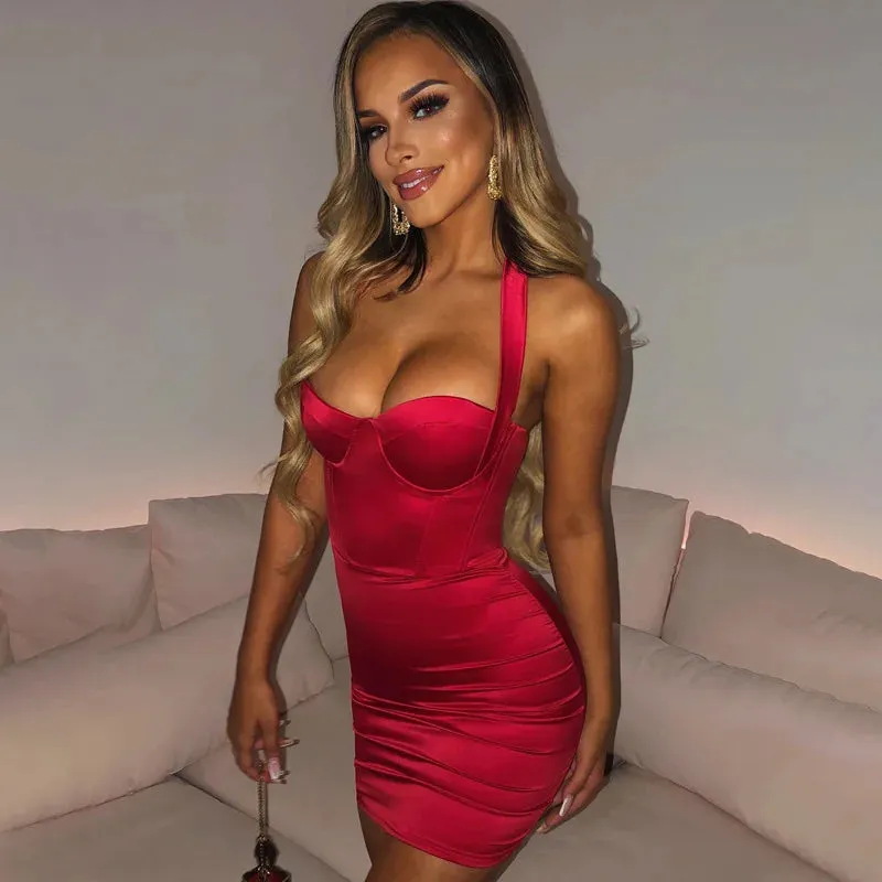 2024 Summer Night Club Party Satin Bodycon Mini Backless Sleeveless Ruched Sexy Dress