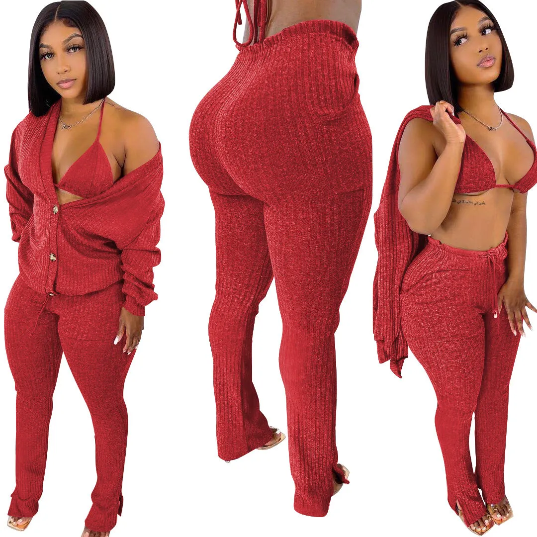 3 piece set women cardigan,women knit knitted boutique fall bra  3 pc piece sweater cardigan and leggings long pants set