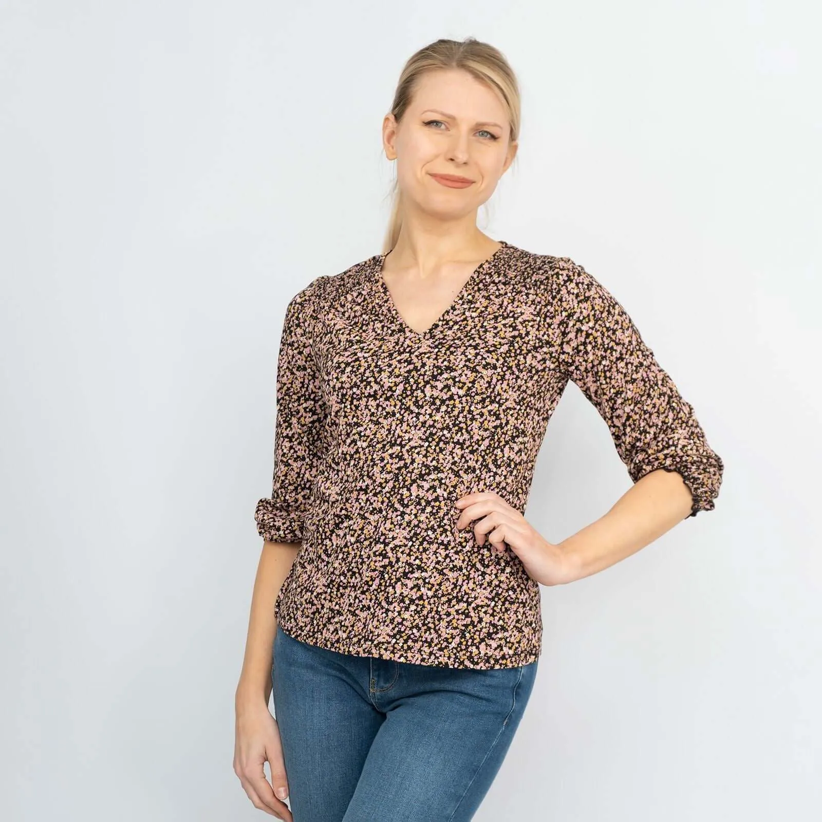 3/4 Sleeve Black Ditsy Floral Print V-Neck Soft Jersey Tops