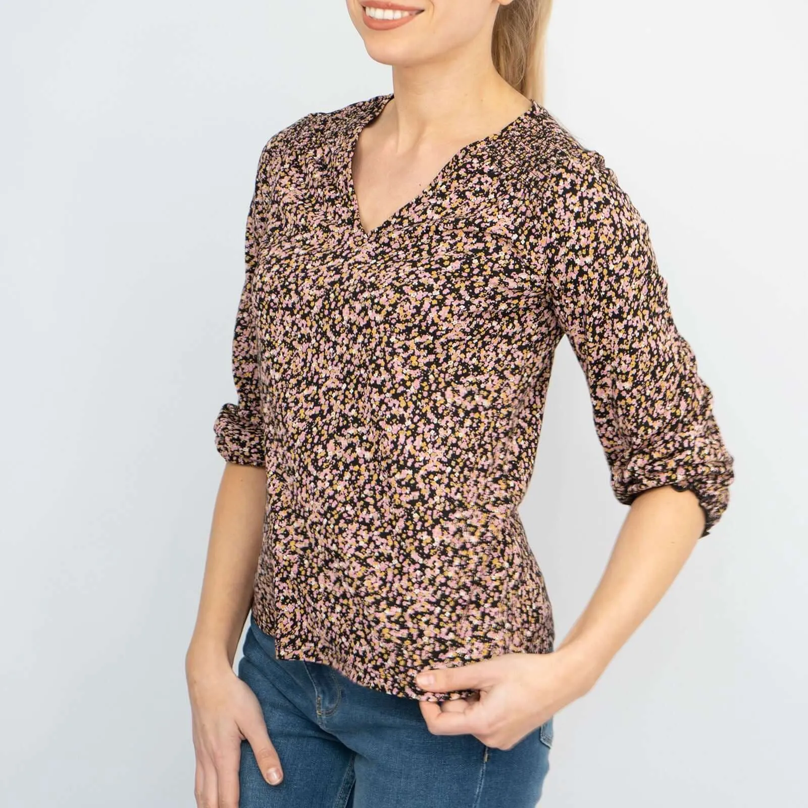 3/4 Sleeve Black Ditsy Floral Print V-Neck Soft Jersey Tops