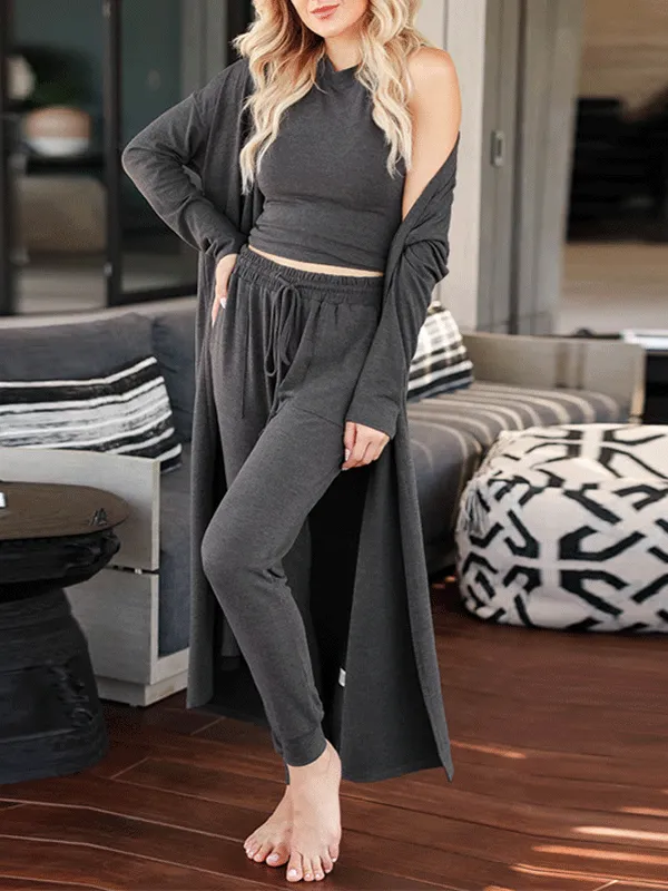 3Pcs Solid Color Cardigan Lounge Set