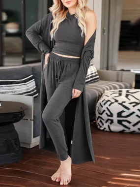 3Pcs Solid Color Cardigan Lounge Set