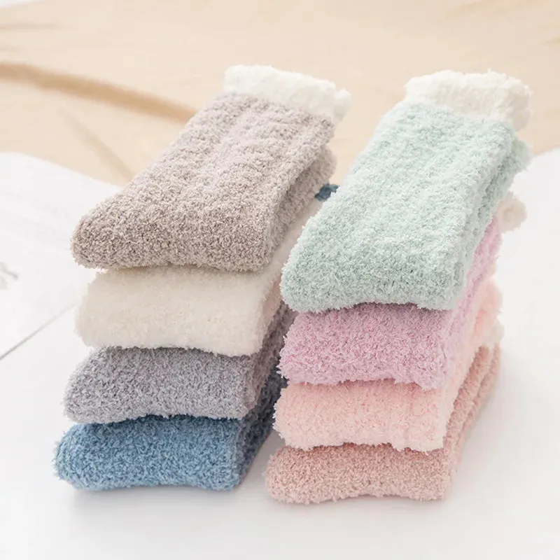 4 Pairs Women Winter Warm Fuzzy Socks Thick Thermal Solid Soft Fluffy Socks Cute Fashion Slipper Home Floor Sleeping Socks