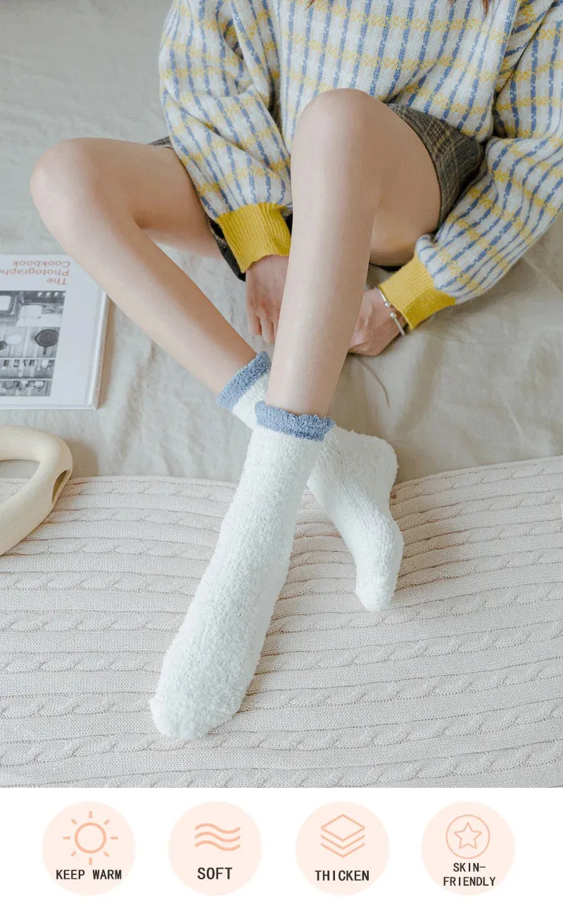 4 Pairs Women Winter Warm Fuzzy Socks Thick Thermal Solid Soft Fluffy Socks Cute Fashion Slipper Home Floor Sleeping Socks