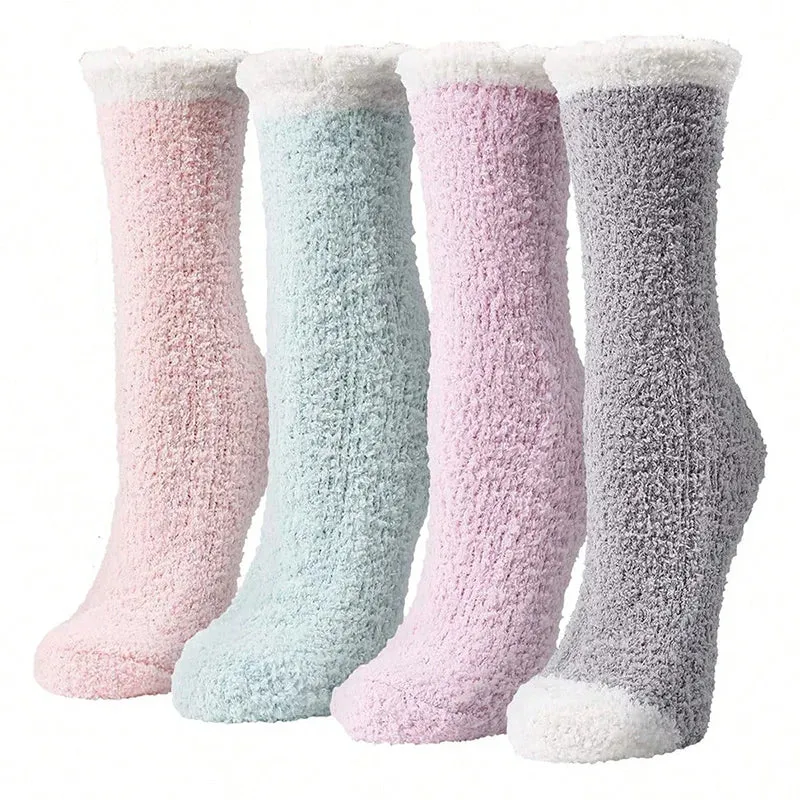 4 Pairs Women Winter Warm Fuzzy Socks Thick Thermal Solid Soft Fluffy Socks Cute Fashion Slipper Home Floor Sleeping Socks