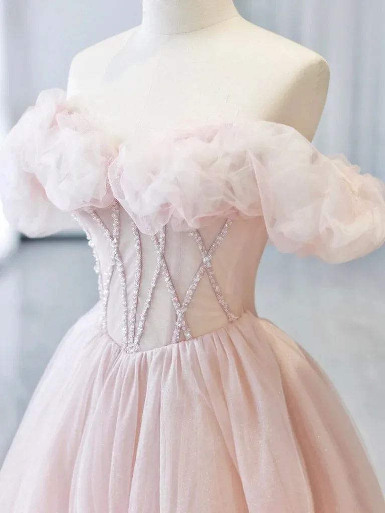 A-Line Princess Sweetheart Neck Off Shoulder Tulle Pink Long Prom Dress