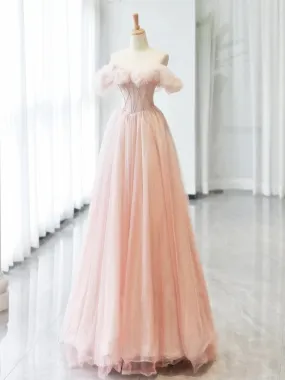 A-Line Princess Sweetheart Neck Off Shoulder Tulle Pink Long Prom Dress