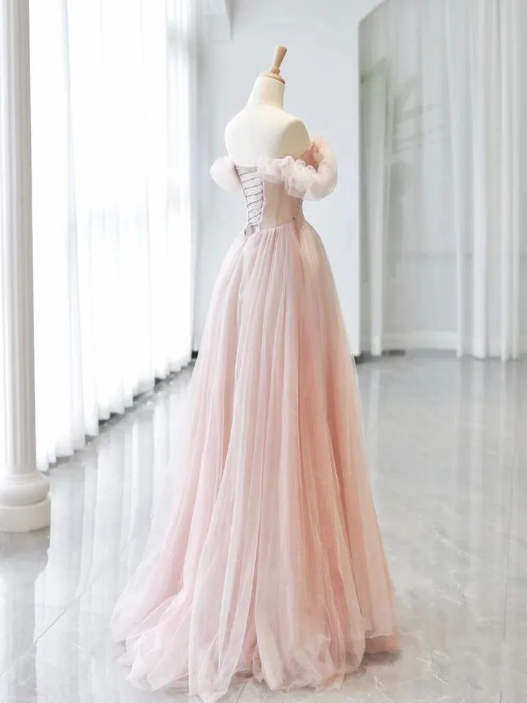 A-Line Princess Sweetheart Neck Off Shoulder Tulle Pink Long Prom Dress