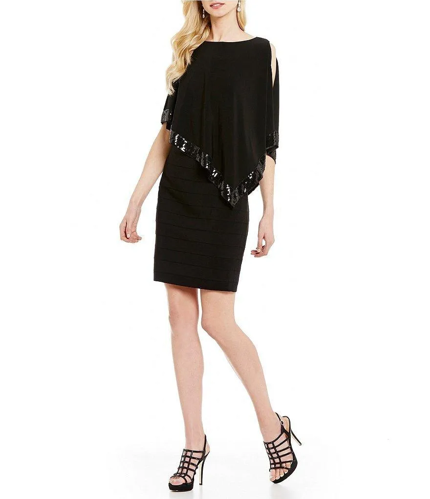 Adrianna Papell Sequin-Trimmed Cutaway Capelet Dress - 1 Pc Black in Size 6 Available