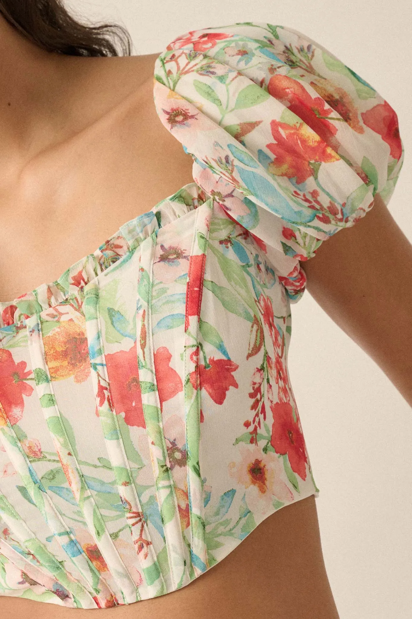 Bermuda Babe Floral Chiffon Puff-Sleeve Corset Top