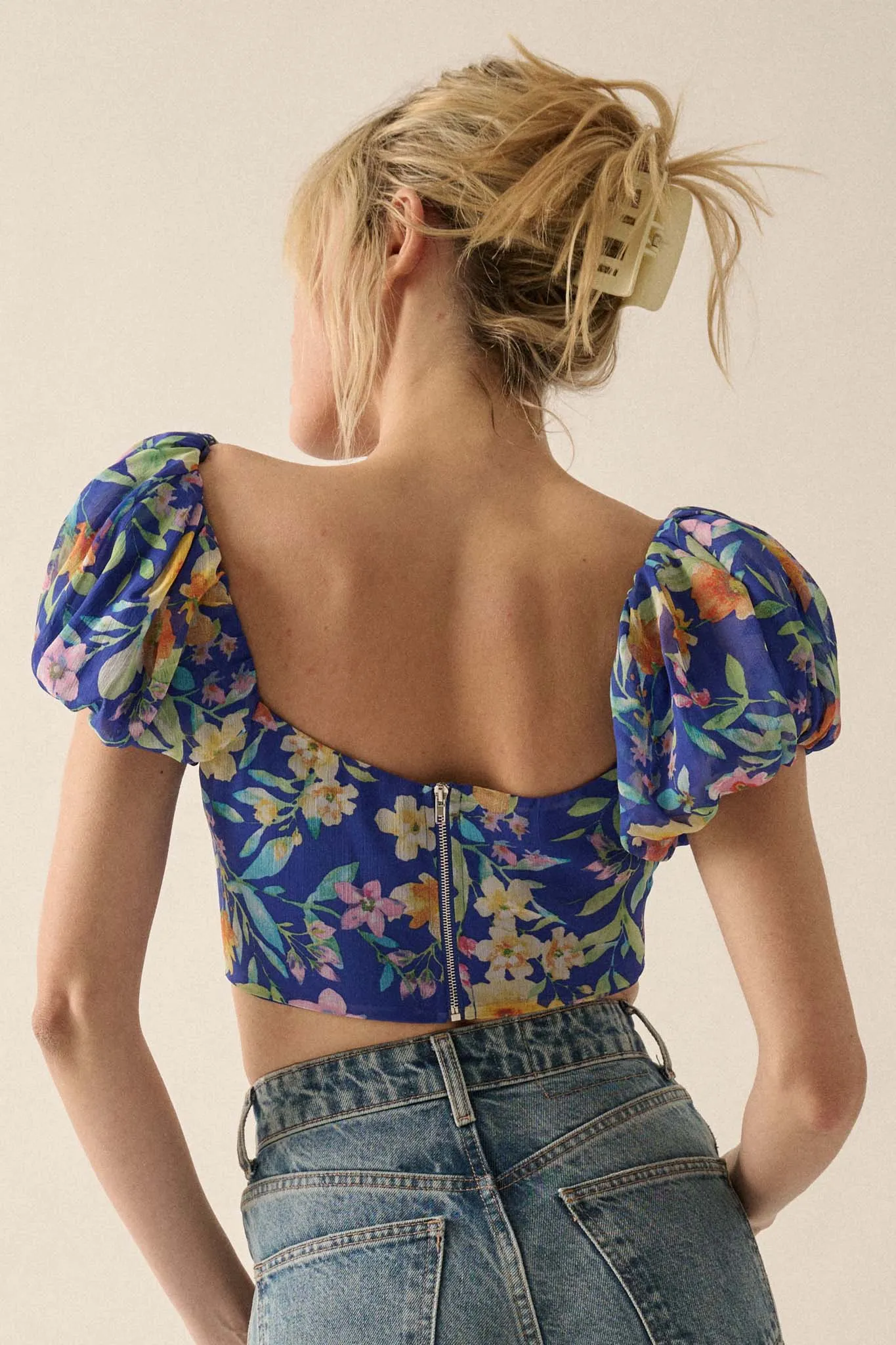 Bermuda Babe Floral Chiffon Puff-Sleeve Corset Top