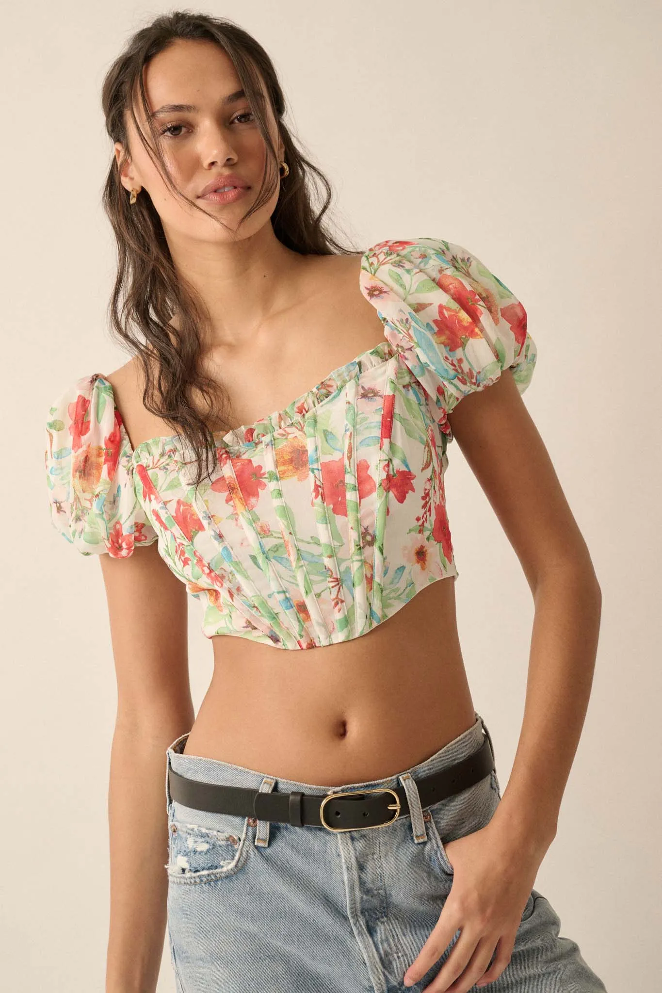 Bermuda Babe Floral Chiffon Puff-Sleeve Corset Top