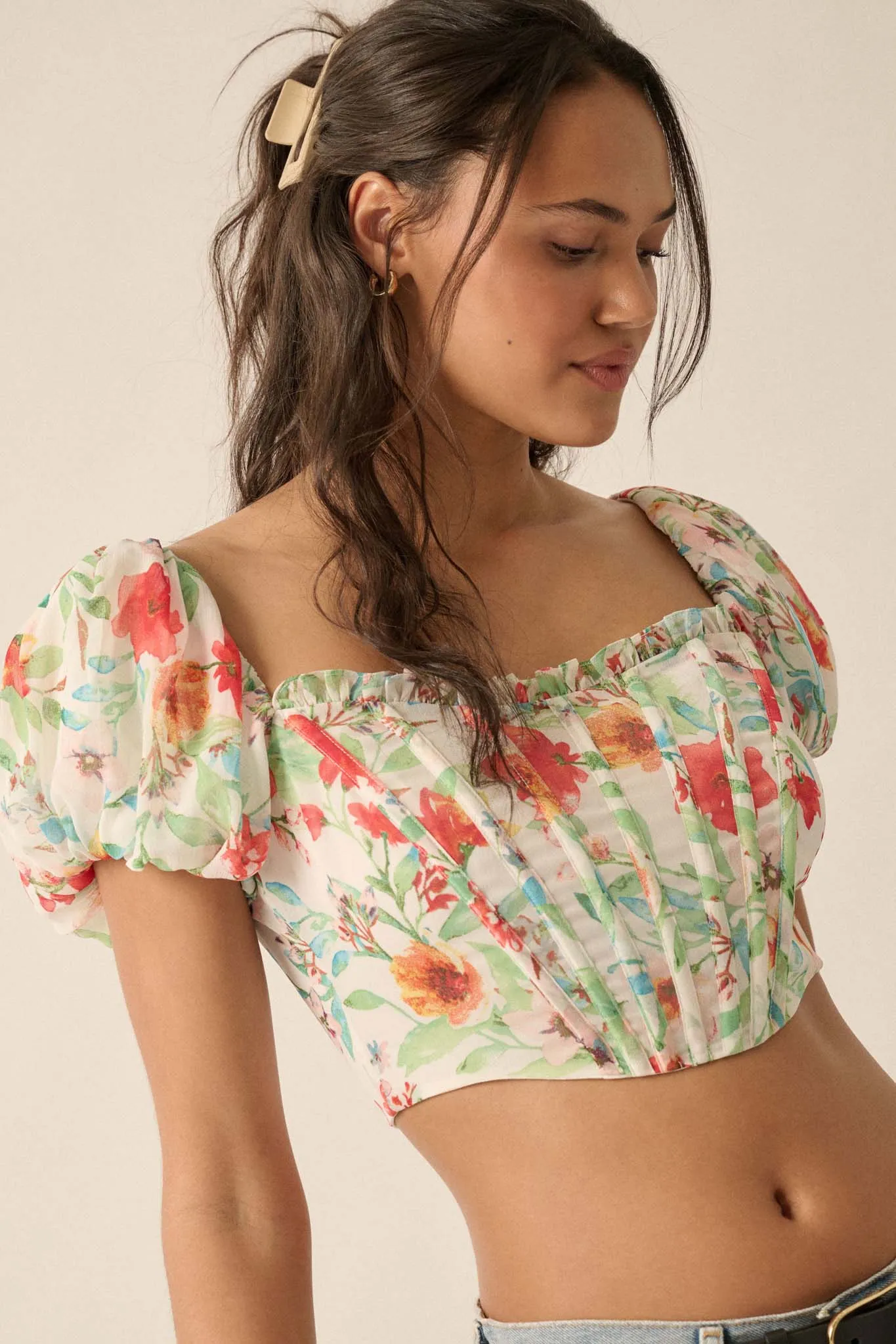 Bermuda Babe Floral Chiffon Puff-Sleeve Corset Top