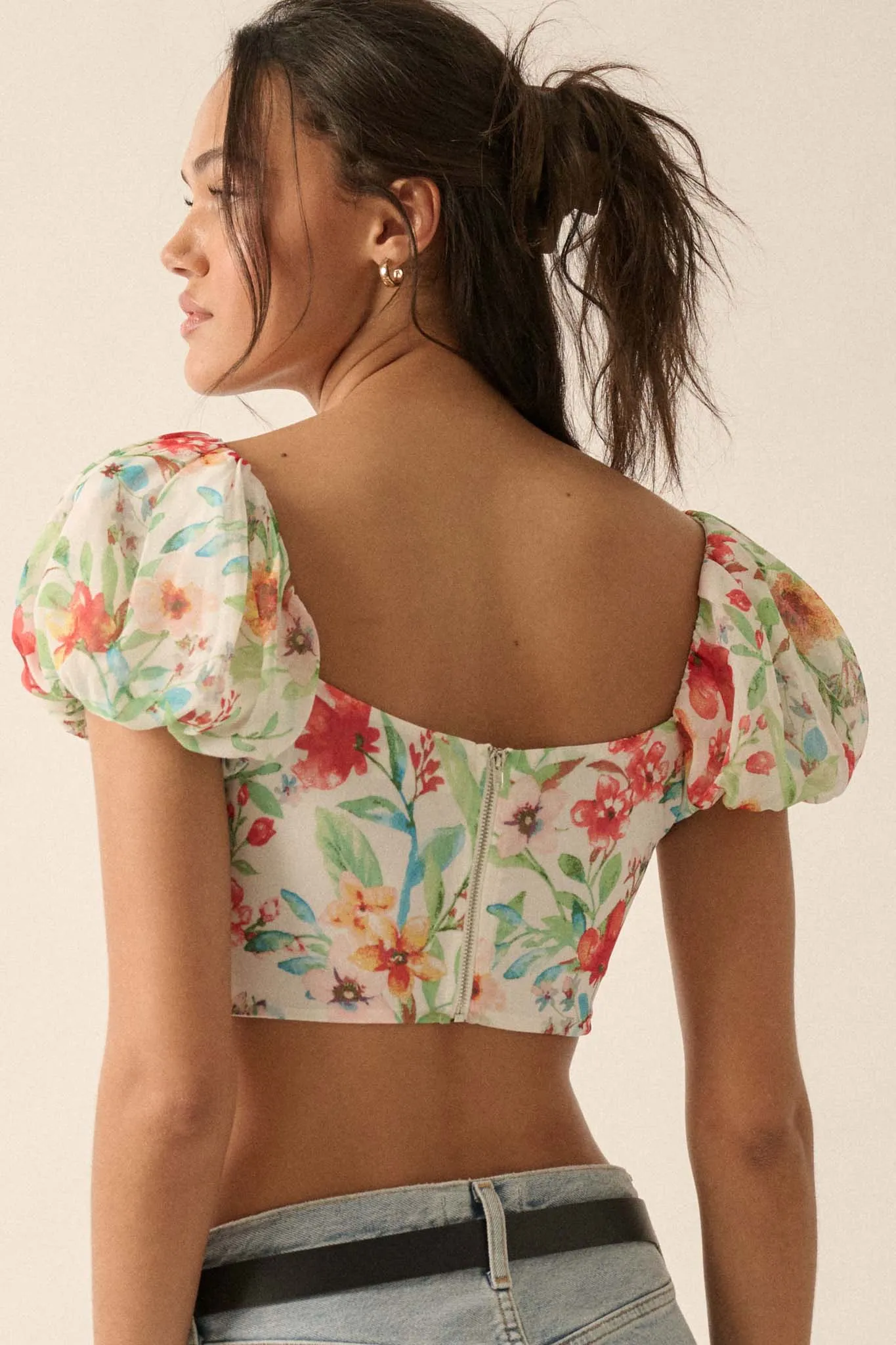 Bermuda Babe Floral Chiffon Puff-Sleeve Corset Top