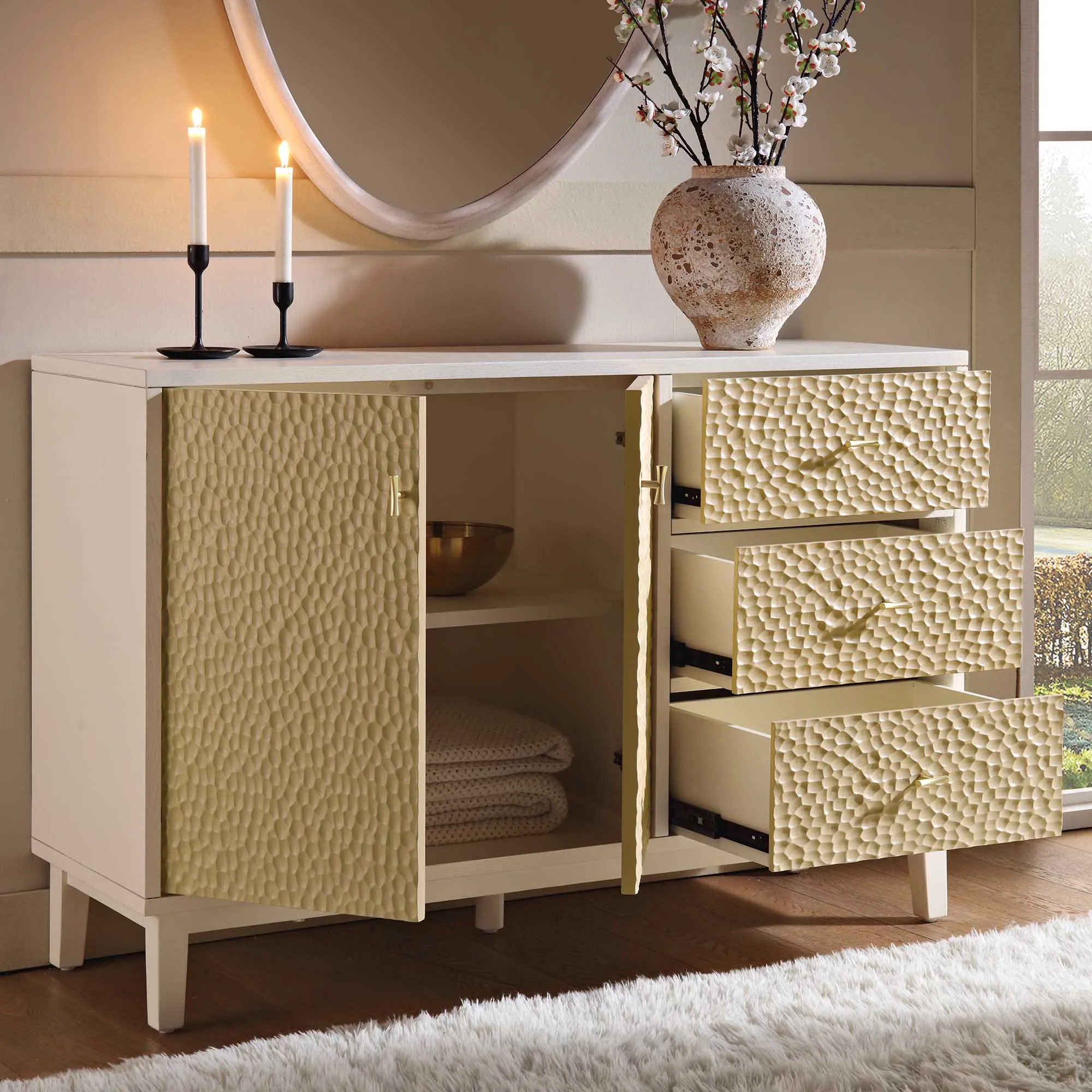 Bianca Chip Carved 2-Door 3-Drawer Sideboard, Sand Beige & Ivory