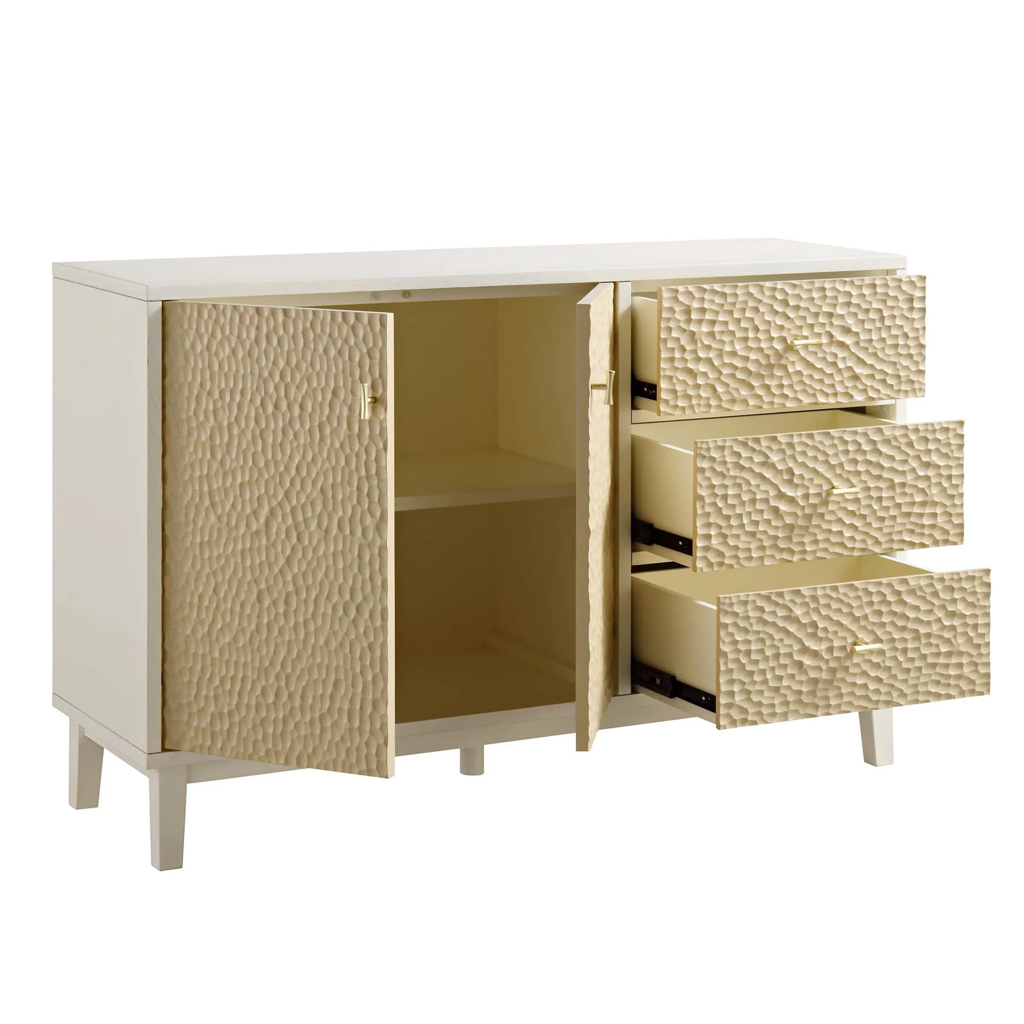 Bianca Chip Carved 2-Door 3-Drawer Sideboard, Sand Beige & Ivory