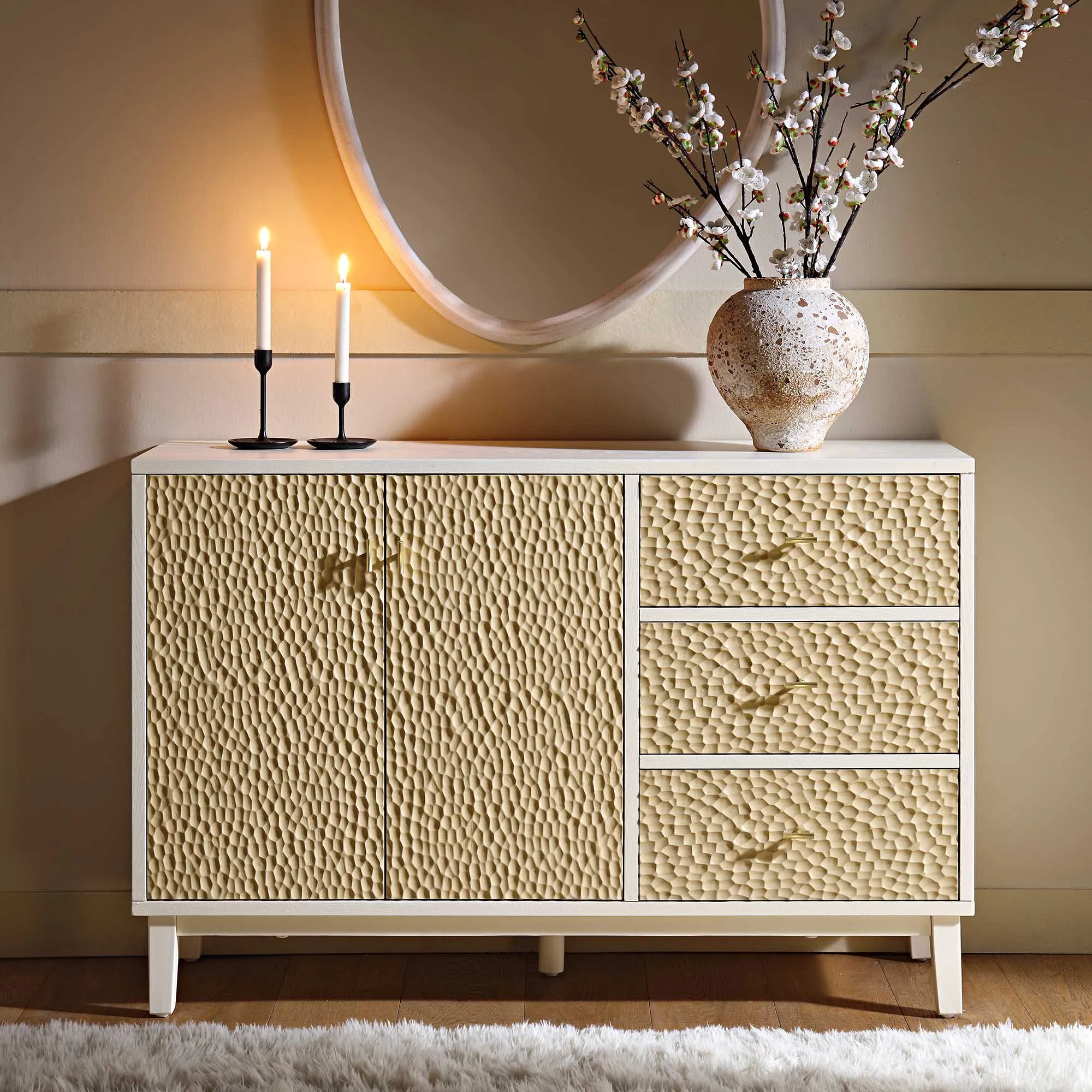 Bianca Chip Carved 2-Door 3-Drawer Sideboard, Sand Beige & Ivory