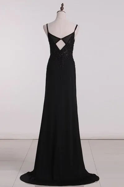 Black Beading Appliques Long Prom Dress Formal Party Dress with Slit,DP1449