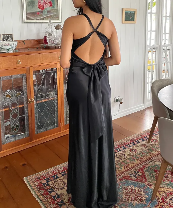 Black V Neck Backless Simple Satin Long Evening Party Dress, DP3019