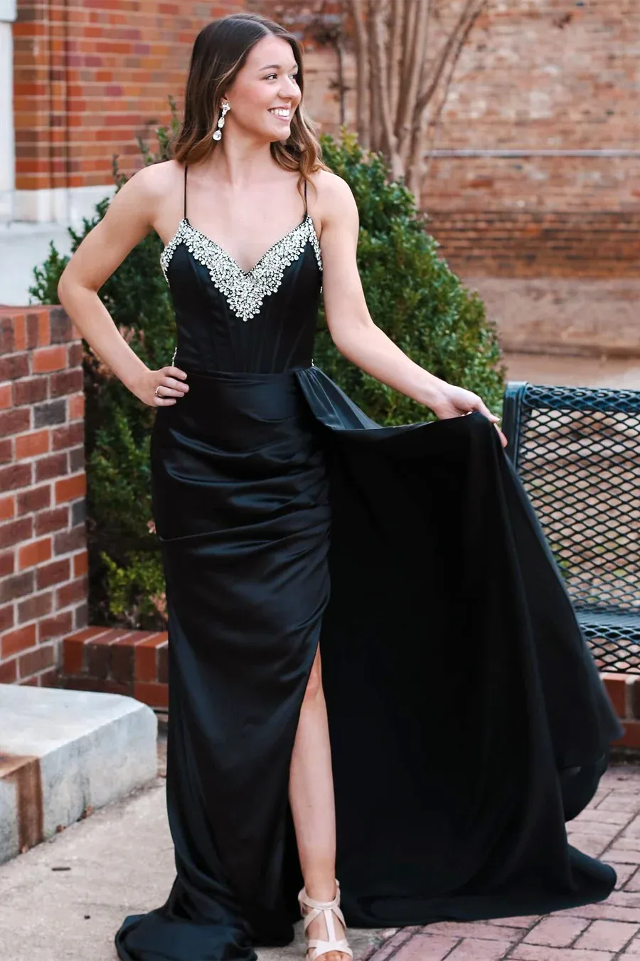 Black V Neck Beading Satin Backless Long Party Dress Evening Gown,DP1269