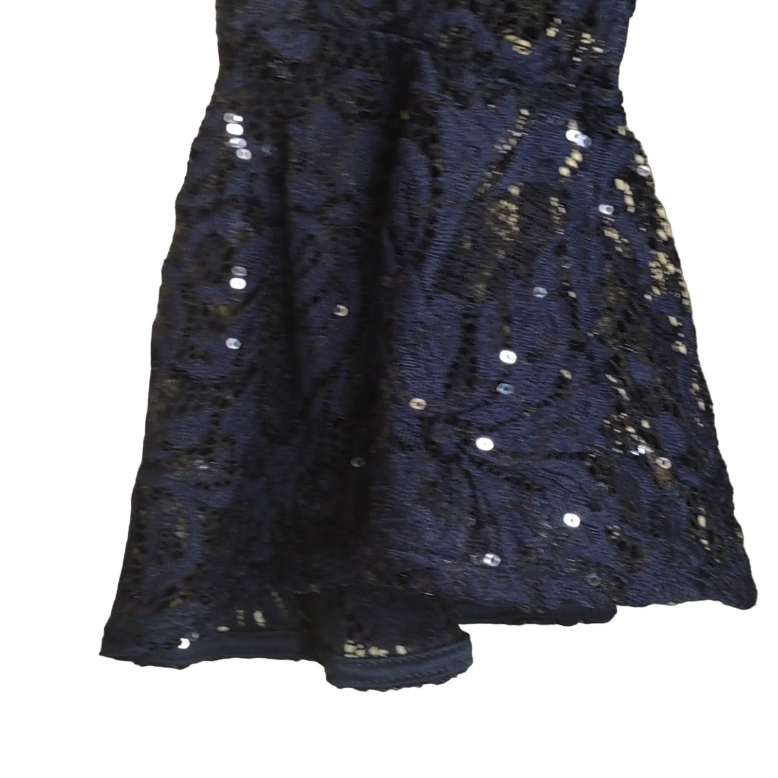 Blu Sage Sequin Lace Bell Sleeve Cinched Sheath Dress  Navy