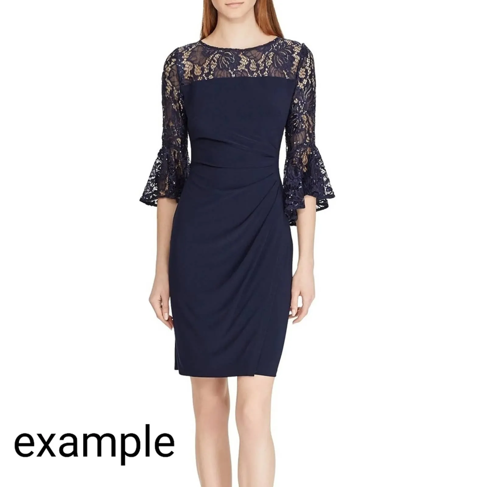 Blu Sage Sequin Lace Bell Sleeve Cinched Sheath Dress  Navy