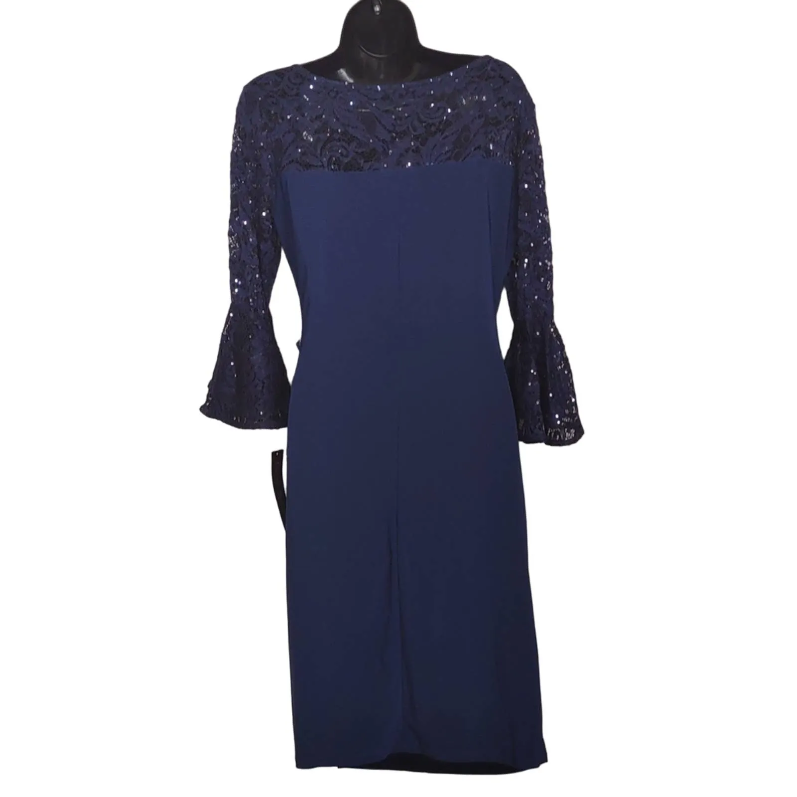 Blu Sage Sequin Lace Bell Sleeve Cinched Sheath Dress  Navy