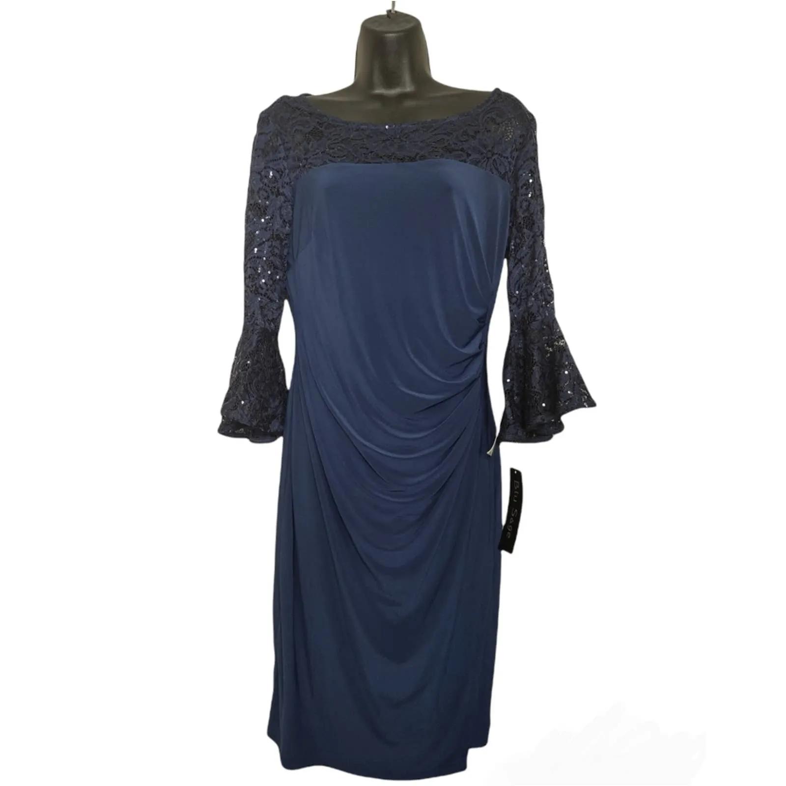 Blu Sage Sequin Lace Bell Sleeve Cinched Sheath Dress  Navy