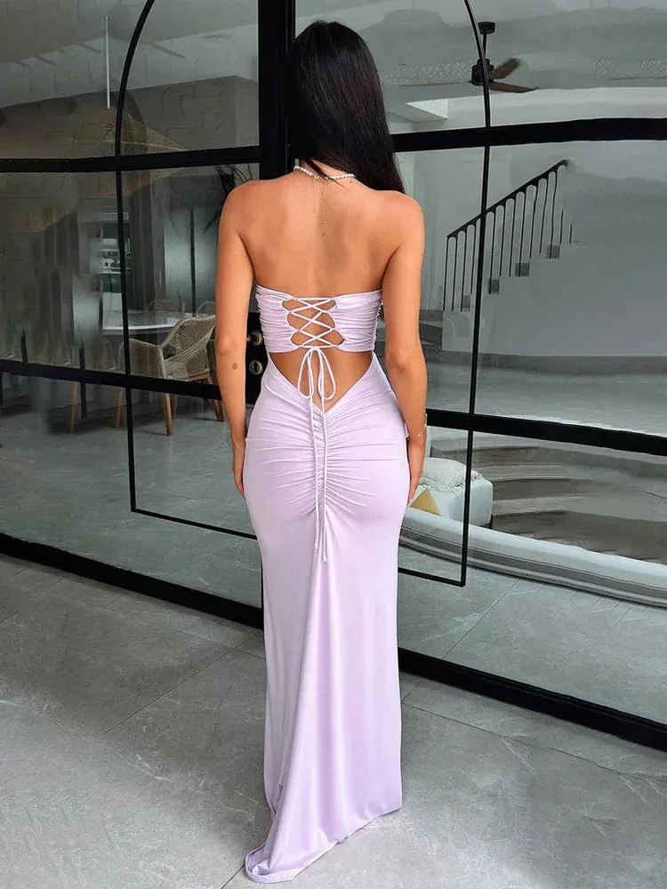 Bodycon Bandage Pleated Backless Sexy Long Elegant Spring Summer Maxi Dress