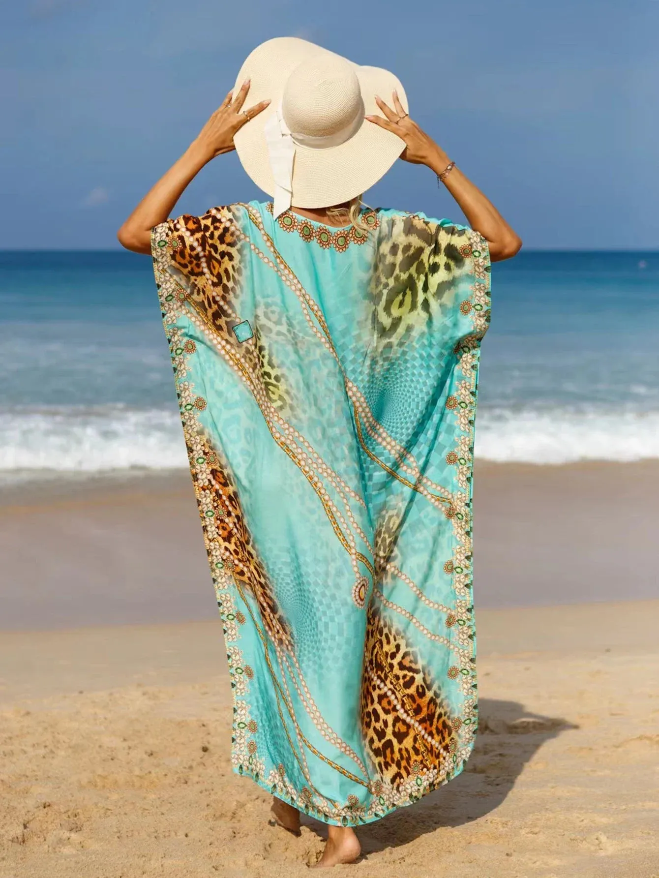 Boho Plus Size Cover Up: Color block Leopard & Floral Print Maxi with V-Neck and Split Hem