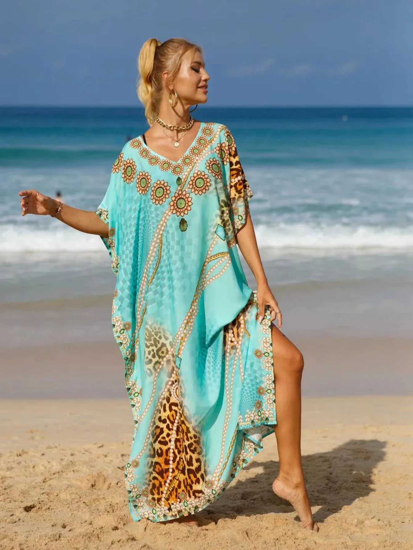 Boho Plus Size Cover Up: Color block Leopard & Floral Print Maxi with V-Neck and Split Hem