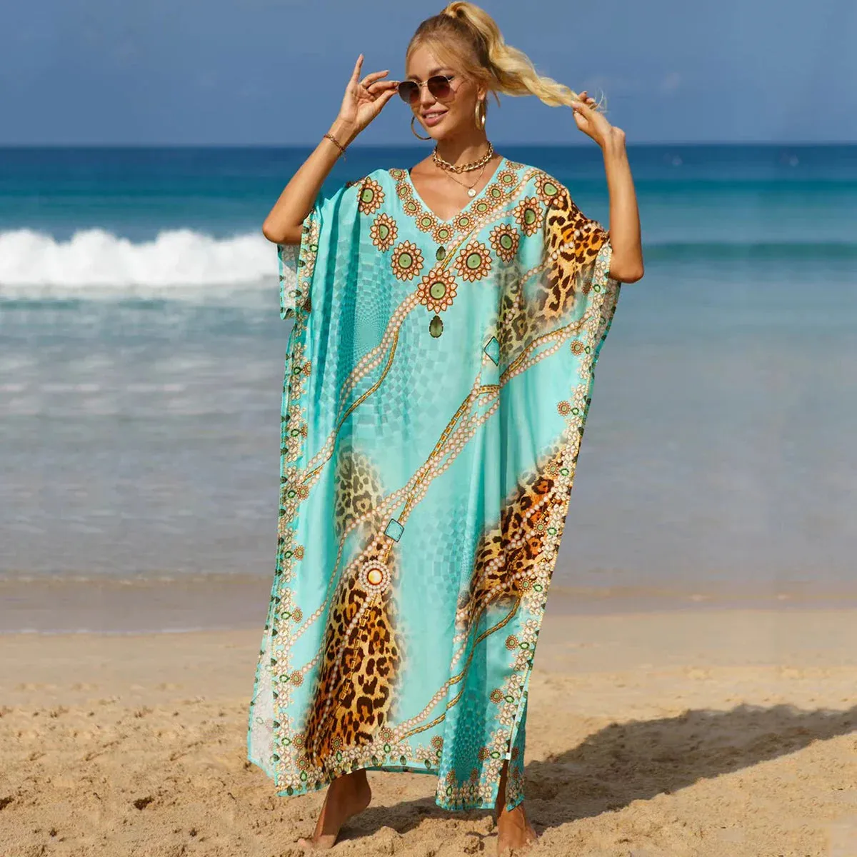 Boho Plus Size Cover Up: Color block Leopard & Floral Print Maxi with V-Neck and Split Hem