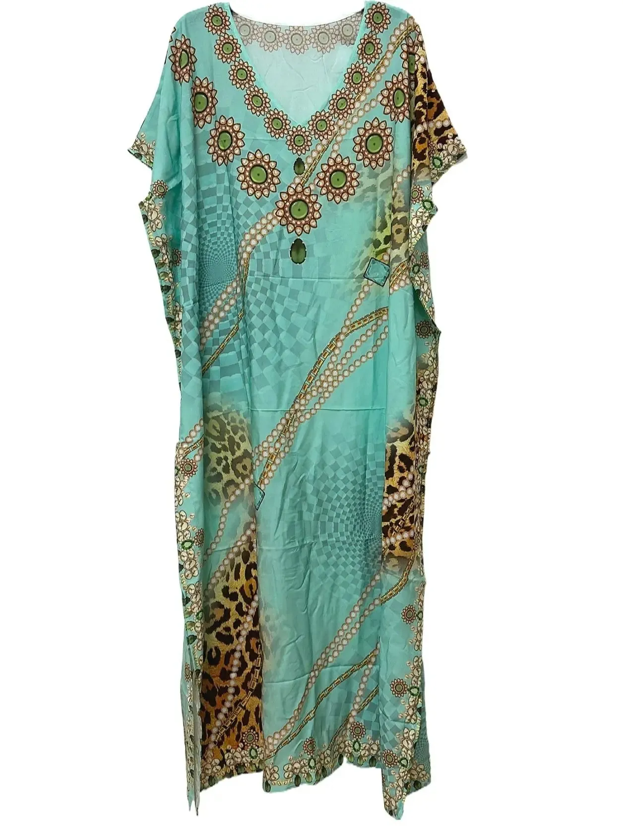 Boho Plus Size Cover Up: Color block Leopard & Floral Print Maxi with V-Neck and Split Hem