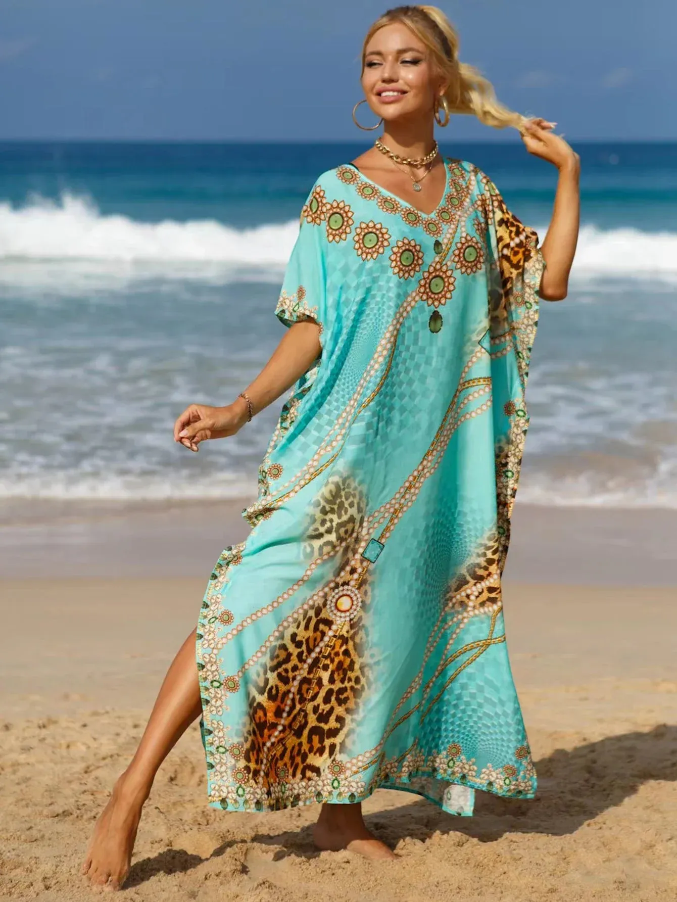 Boho Plus Size Cover Up: Color block Leopard & Floral Print Maxi with V-Neck and Split Hem