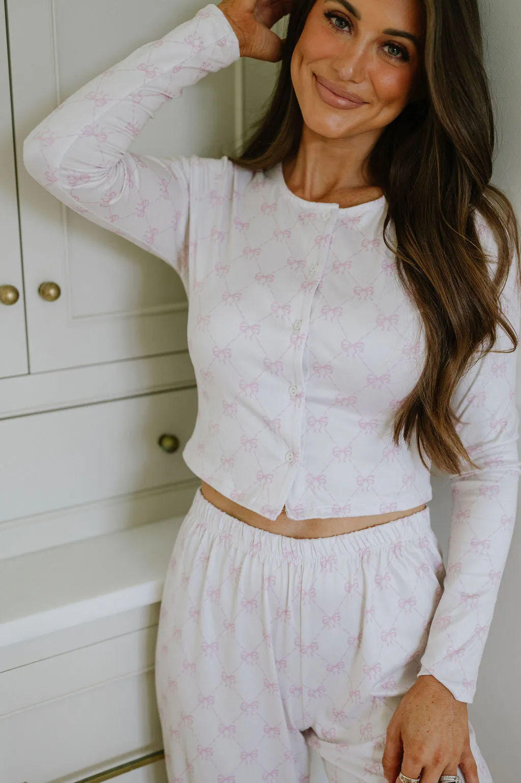 Bow Print Pajama Set-Ivory/Pink