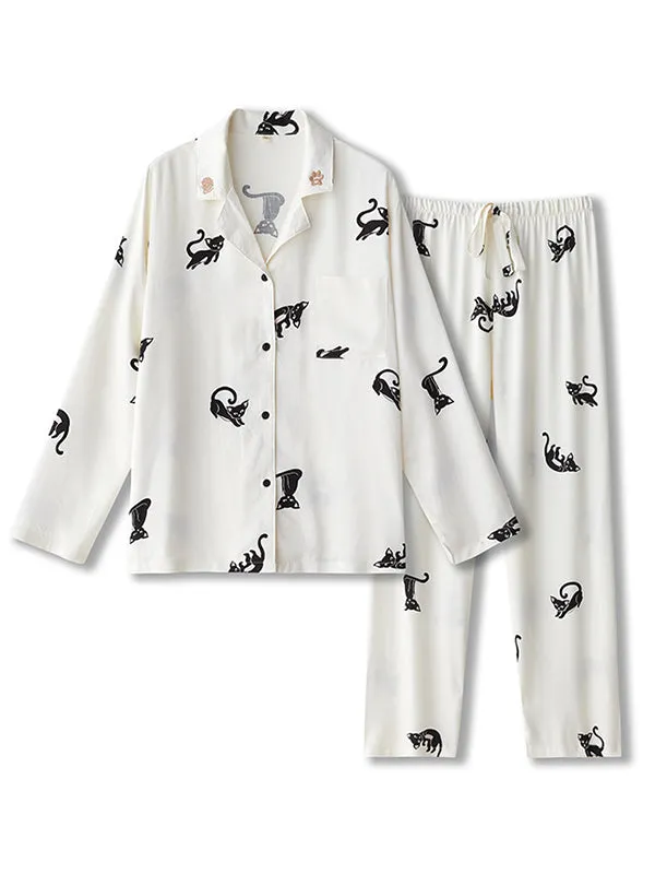 Cartoon Cat Print Cotton Pajama Set