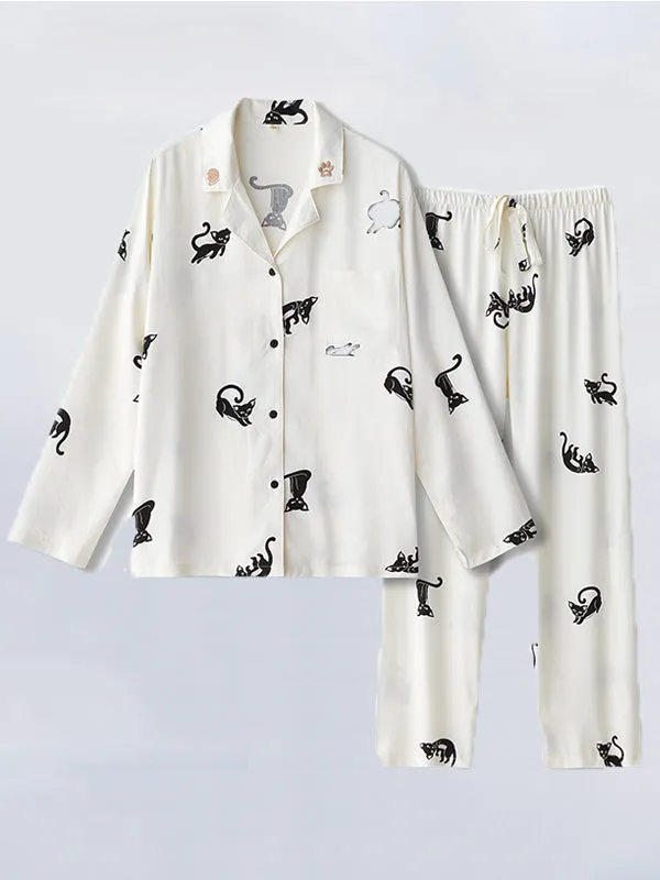 Cartoon Cat Print Cotton Pajama Set