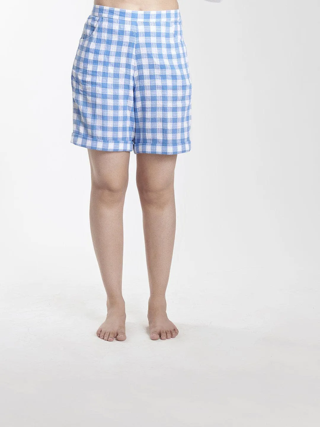 Checkered Cotton Shorts - Blue