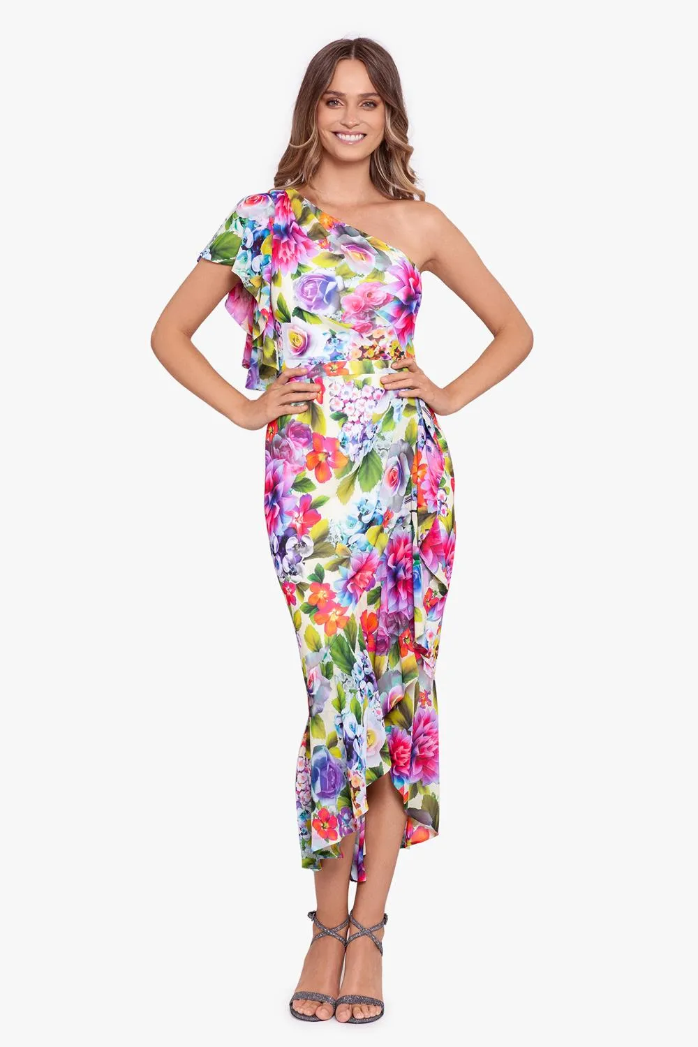 Chiffon Print One Shoulder Midi Dress