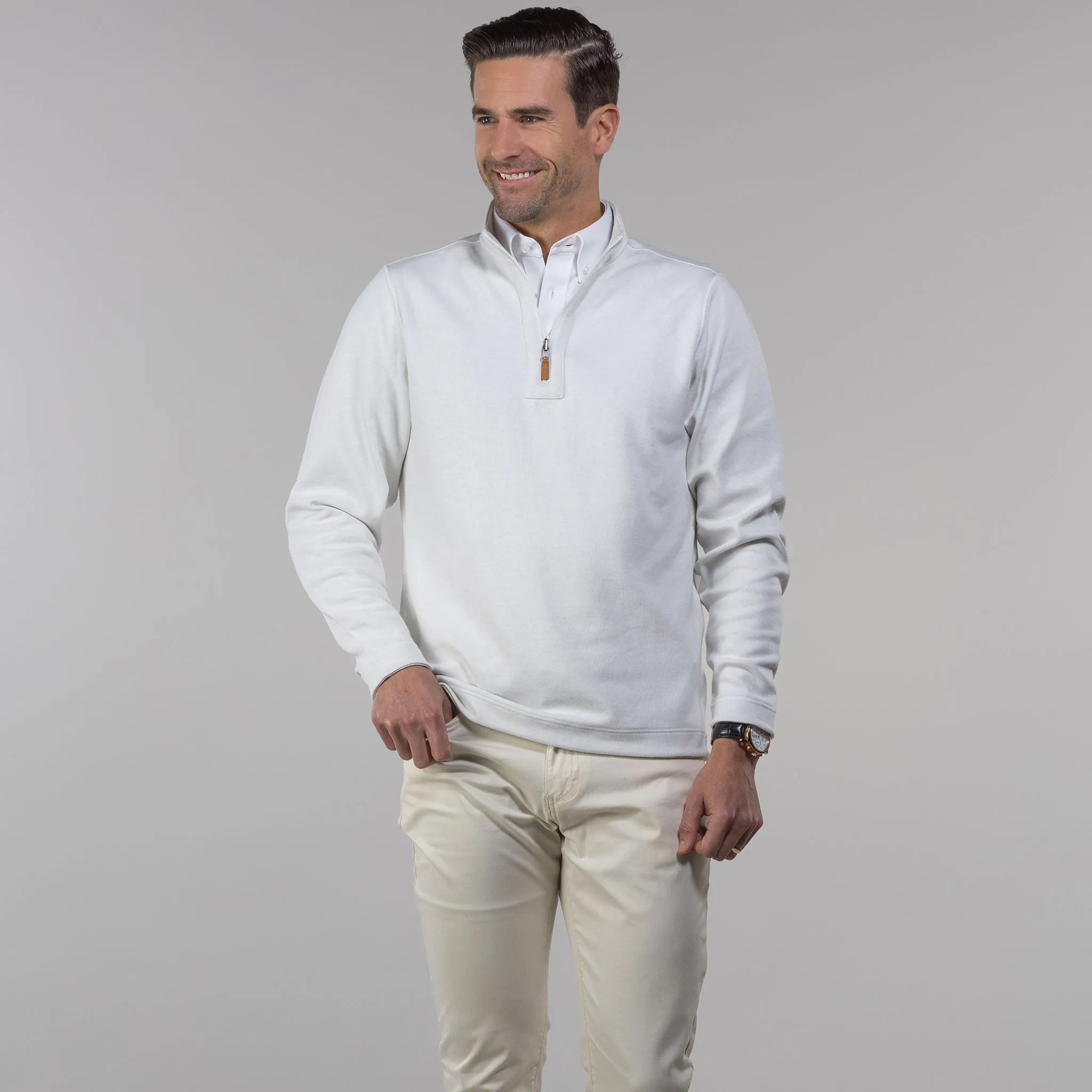 Coconut and Light Grey Zen Cotton Blend Reversible Quarter Zip Pullover