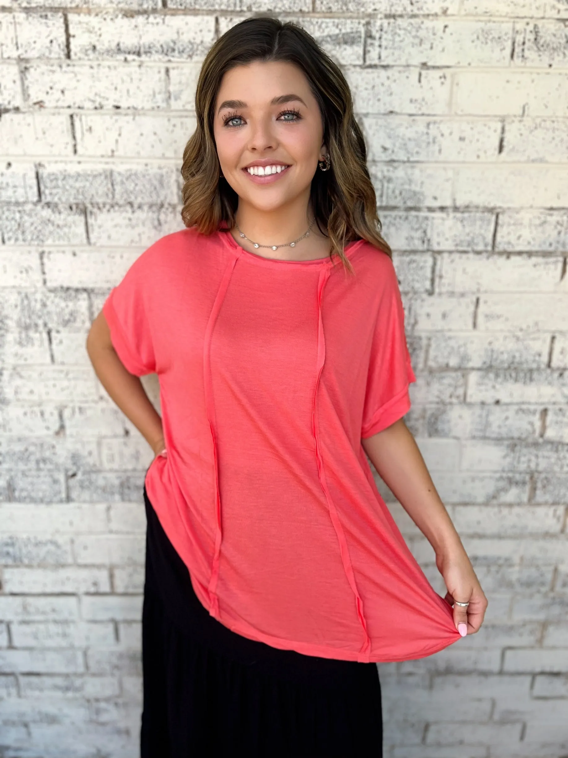 Coral Pink Round Neck Top