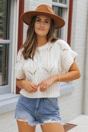 Crochet Detail Short Sleeve Sweater - Ivory