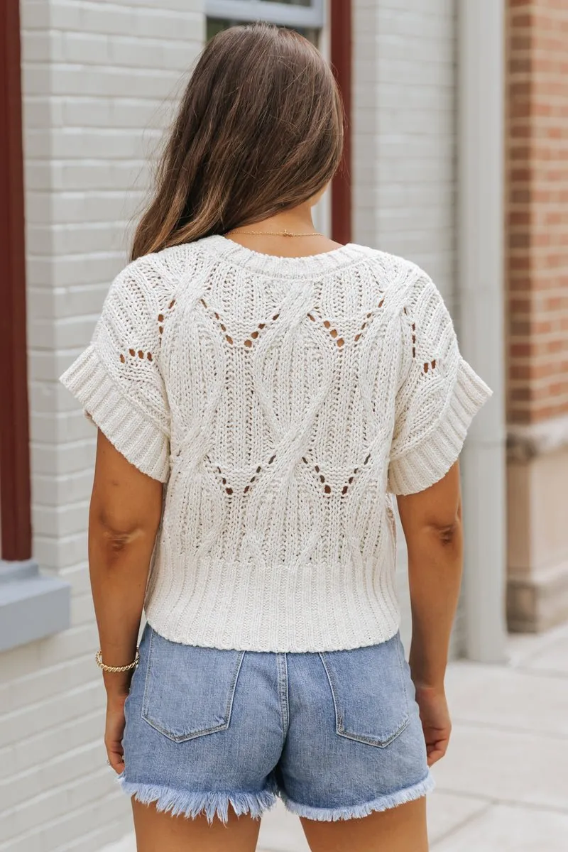 Crochet Detail Short Sleeve Sweater - Ivory