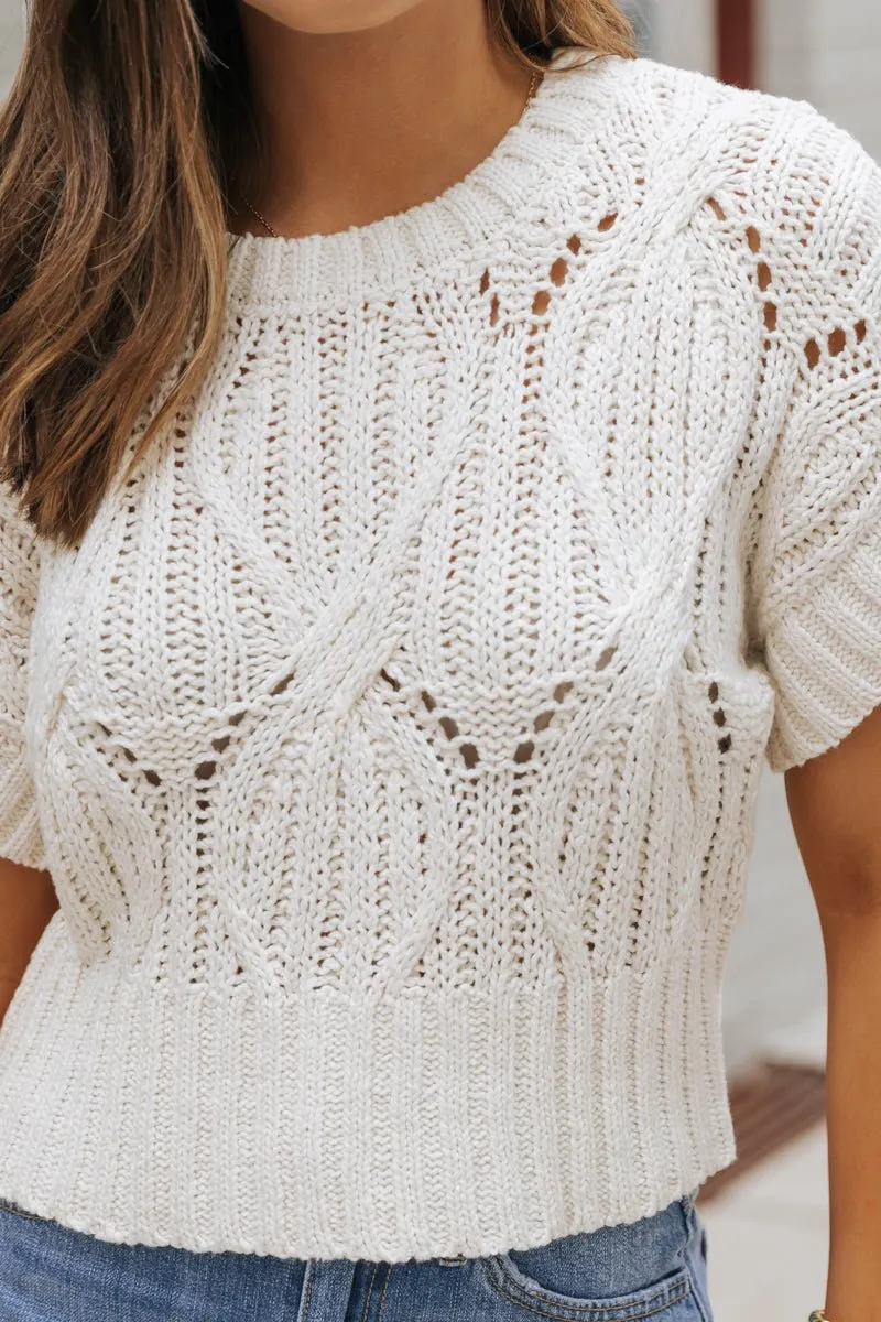 Crochet Detail Short Sleeve Sweater - Ivory