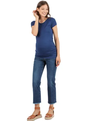 Cropped Straight Maternity Jeans with Fringed Hem - Dark Wash