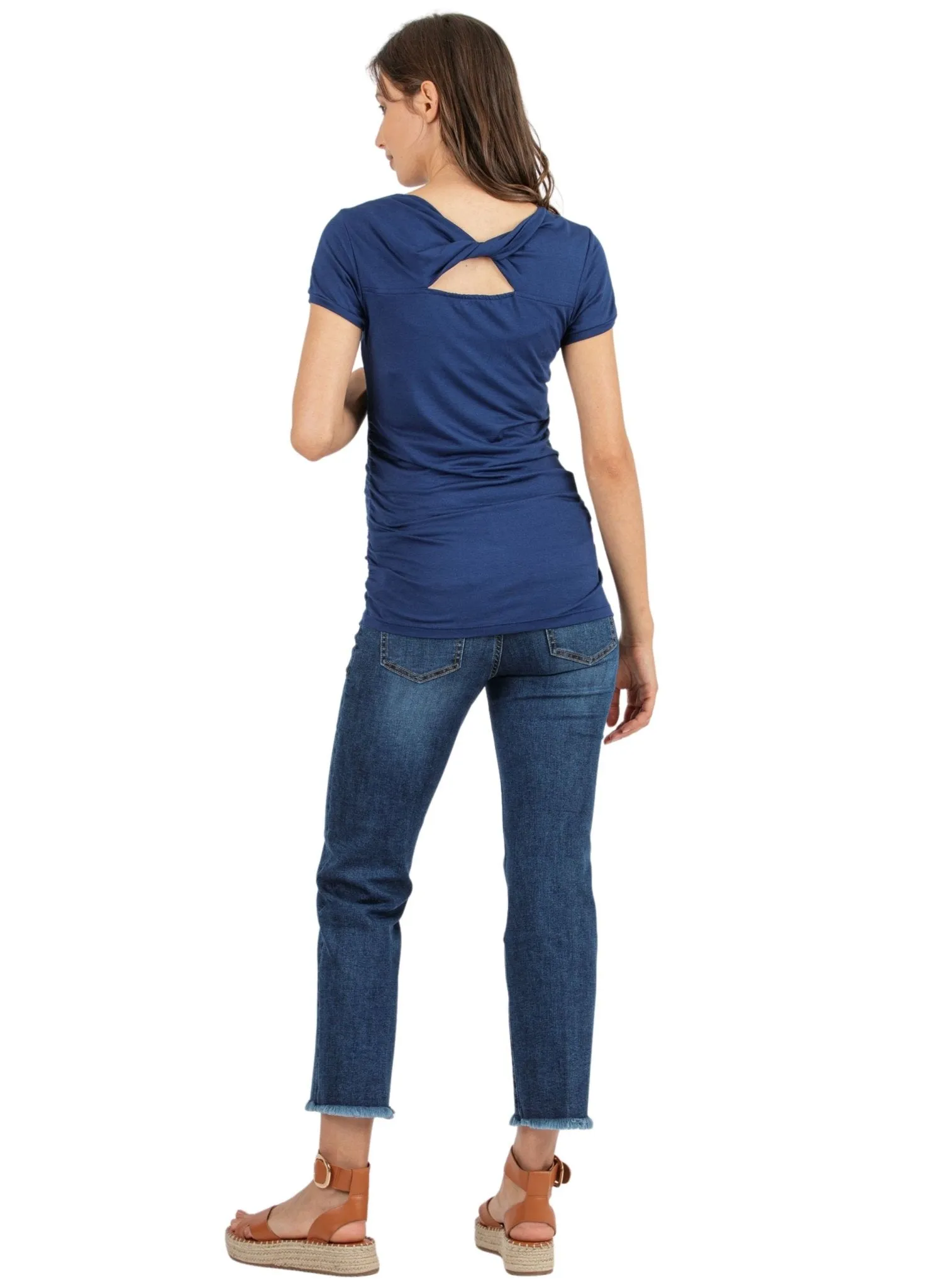 Cropped Straight Maternity Jeans with Fringed Hem - Dark Wash